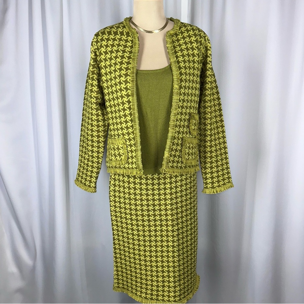 Vtg 80s Lawrence Rich 3 Piece Tweed Skirt Suit Green Houndstooth Fringe Sz 14